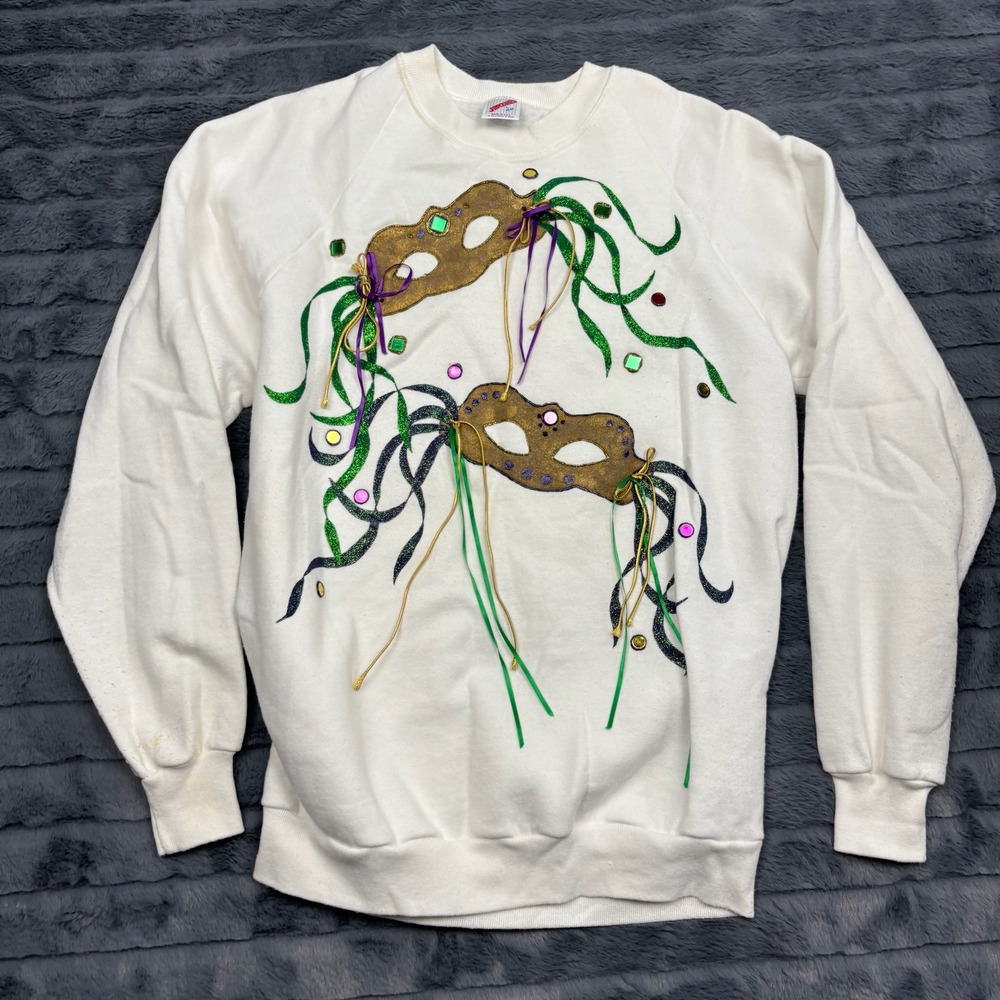 Vintage Jerzees Mardi Gras Masquerade Mask Sweatshirt White Large Made in USA
